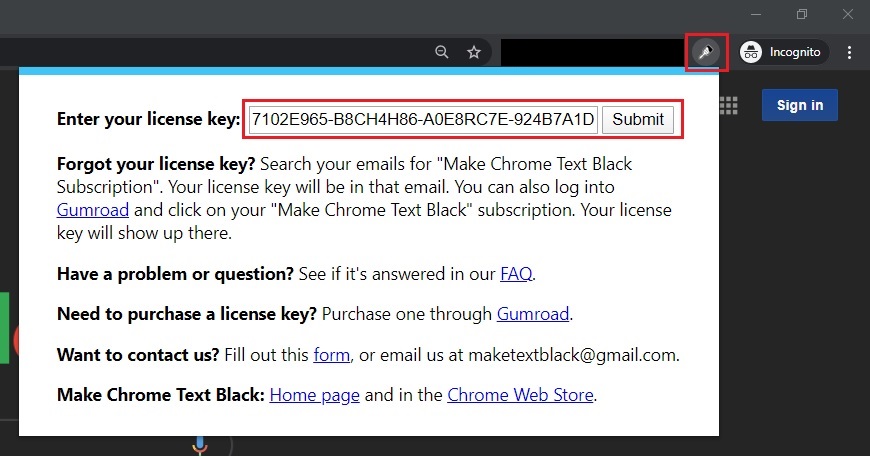 Highlights the Make Chrome Text Black icon in Chrome