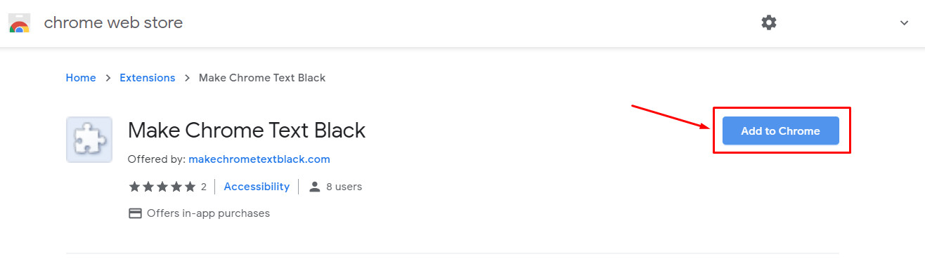 Highlights the 'Add to Chrome' button on the Make Chrome Text Black listing in the Chrome Web Store