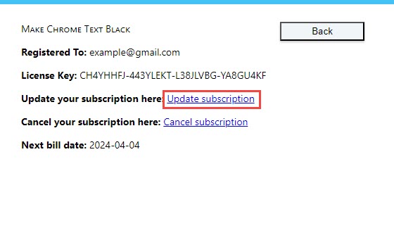 Highlights the 'Update subscription' link in the extension